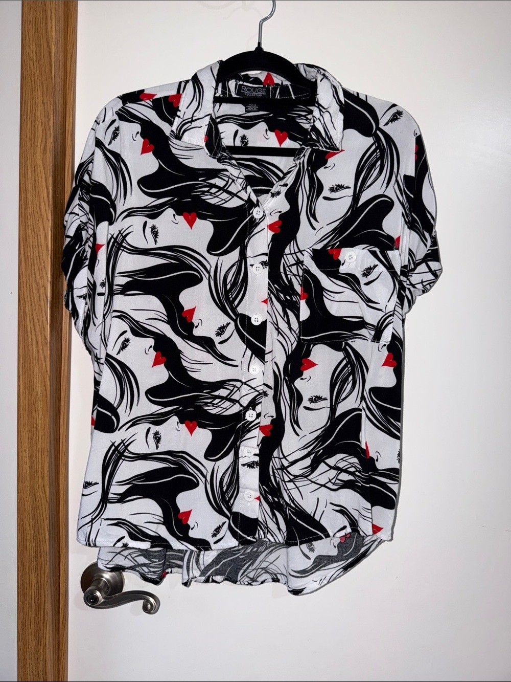 Rouge Collection Black & White Graphic Button-Up with Red Heart Accent